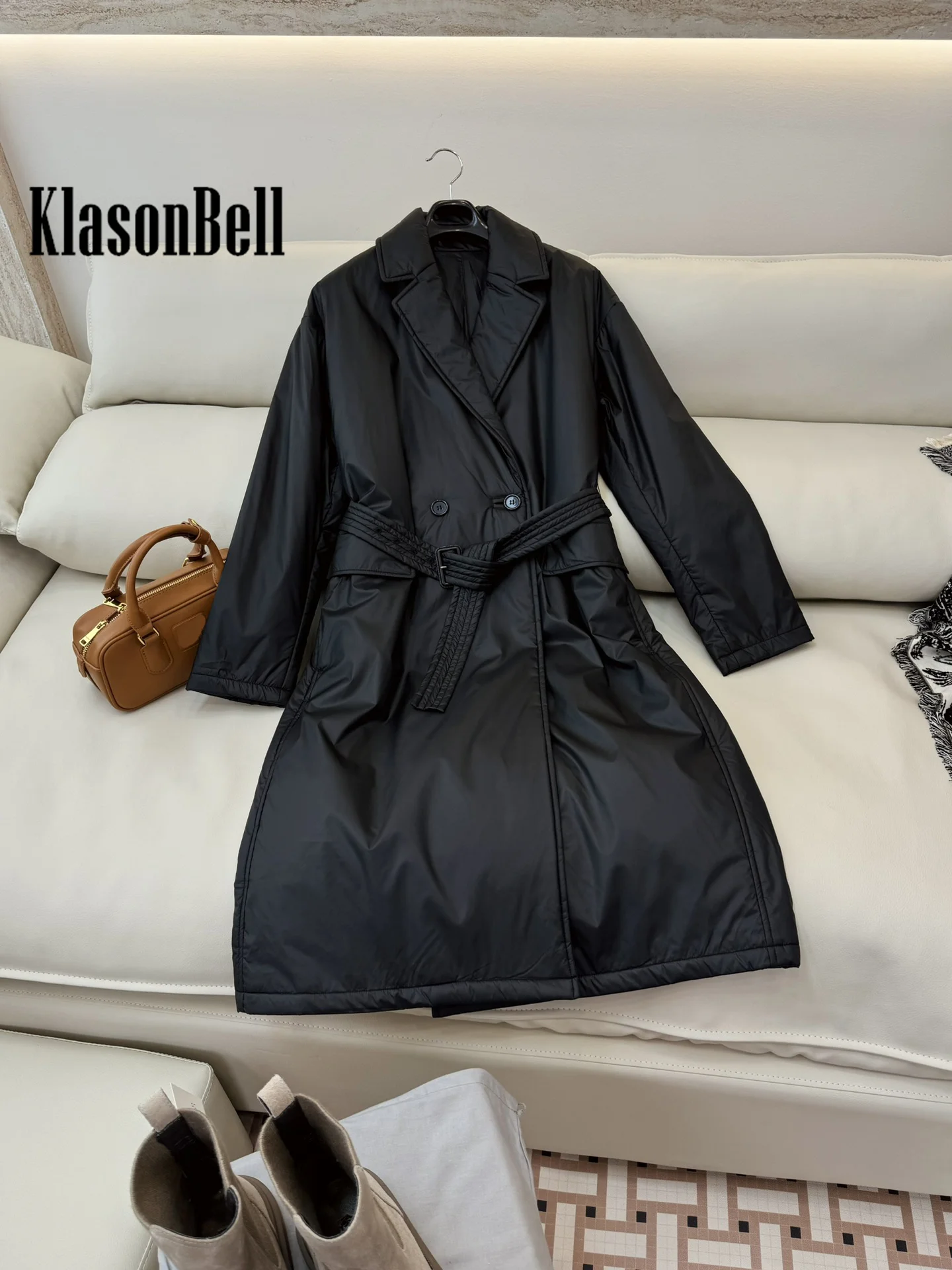 8.28 KlasonBell-Women Temperament Camel Hair Long Parkas Lapel Collar Double Breasted Sashes Collect Waist Keep Warm Coat