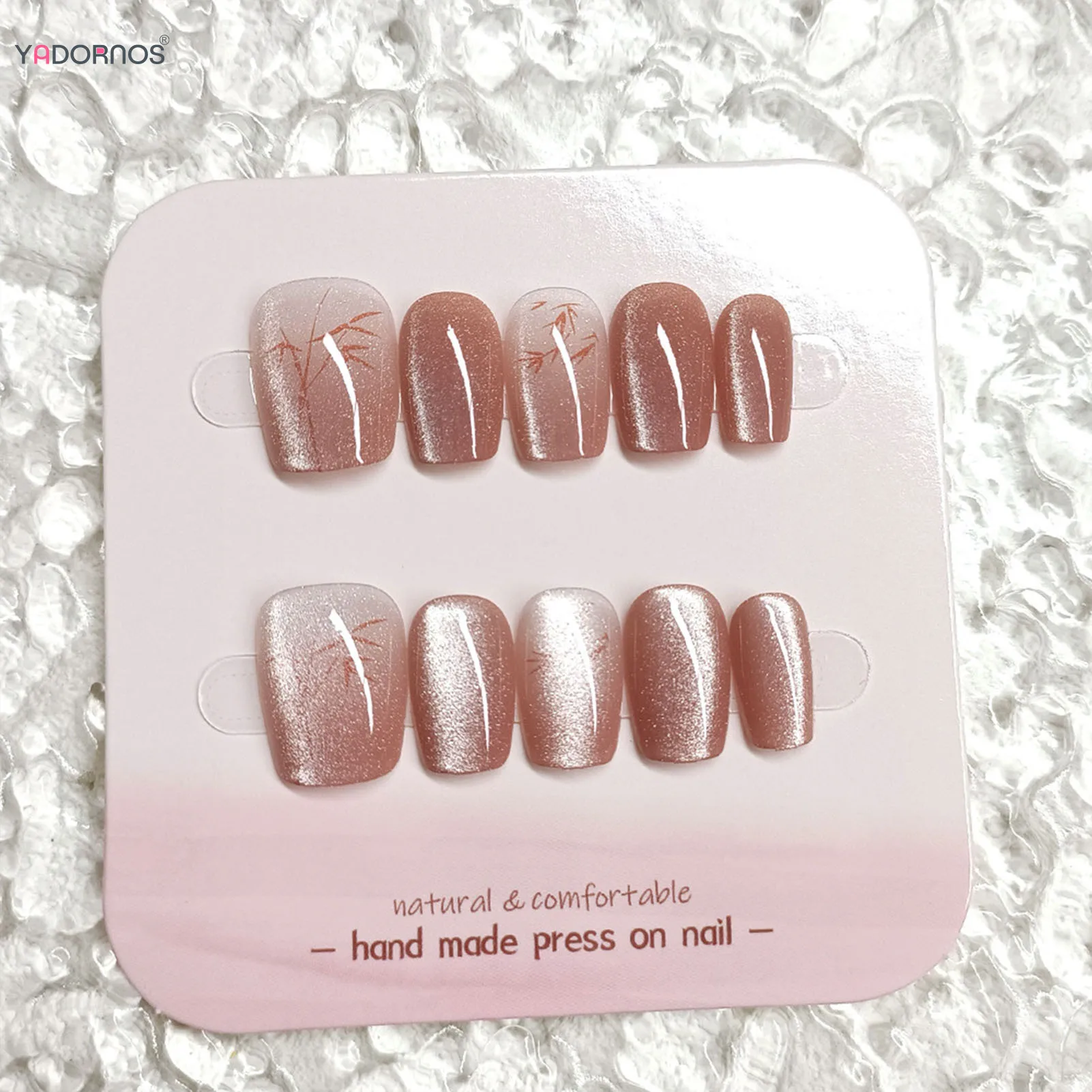 Pink Cat's Eye Press on Nails with Bamboo Decor Short Square Handmade Fake Nails Full Cover Wearable False Nails Tips for Women