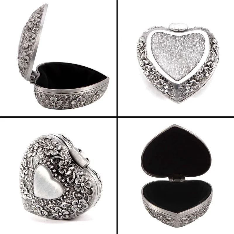 

5X классическая винтажная антикварная шкатулка для драгоценностей в форме сердца, кольцо, маленький органайзер для хранения безделушек, сундук, рождественский подарок, серебро