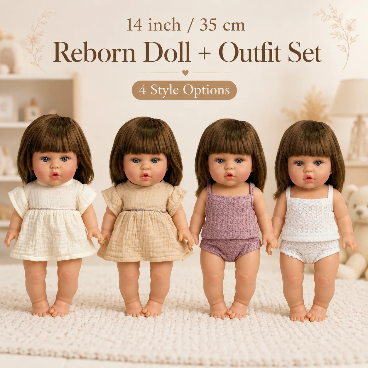 14 Inch 35cm Reborn Baby Doll with Outfit Set Vinyl Toddler Doll Realistic Baby Toy Birthday Christmas Gift Toy for Kids Girls
