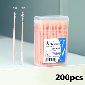 200pcs כפול ראש מברשת מברשת חד פעמי פעמיים חוט שיניים חד פעמי בוחר שיניים שיניים בשיניים פלסטיק מקל ניקוי הפה