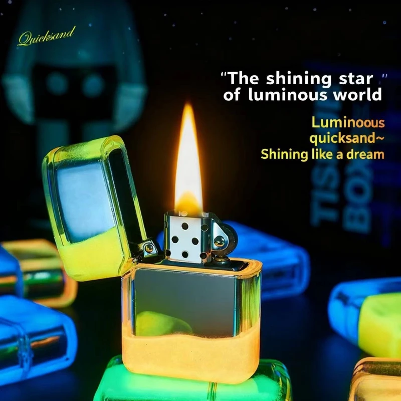 Bestverkochte vloeiende zand lichtgevende slijpschijf winddichte aansteker met coole acrylschelp kan worden gebruikt als cadeau voor vrienden!