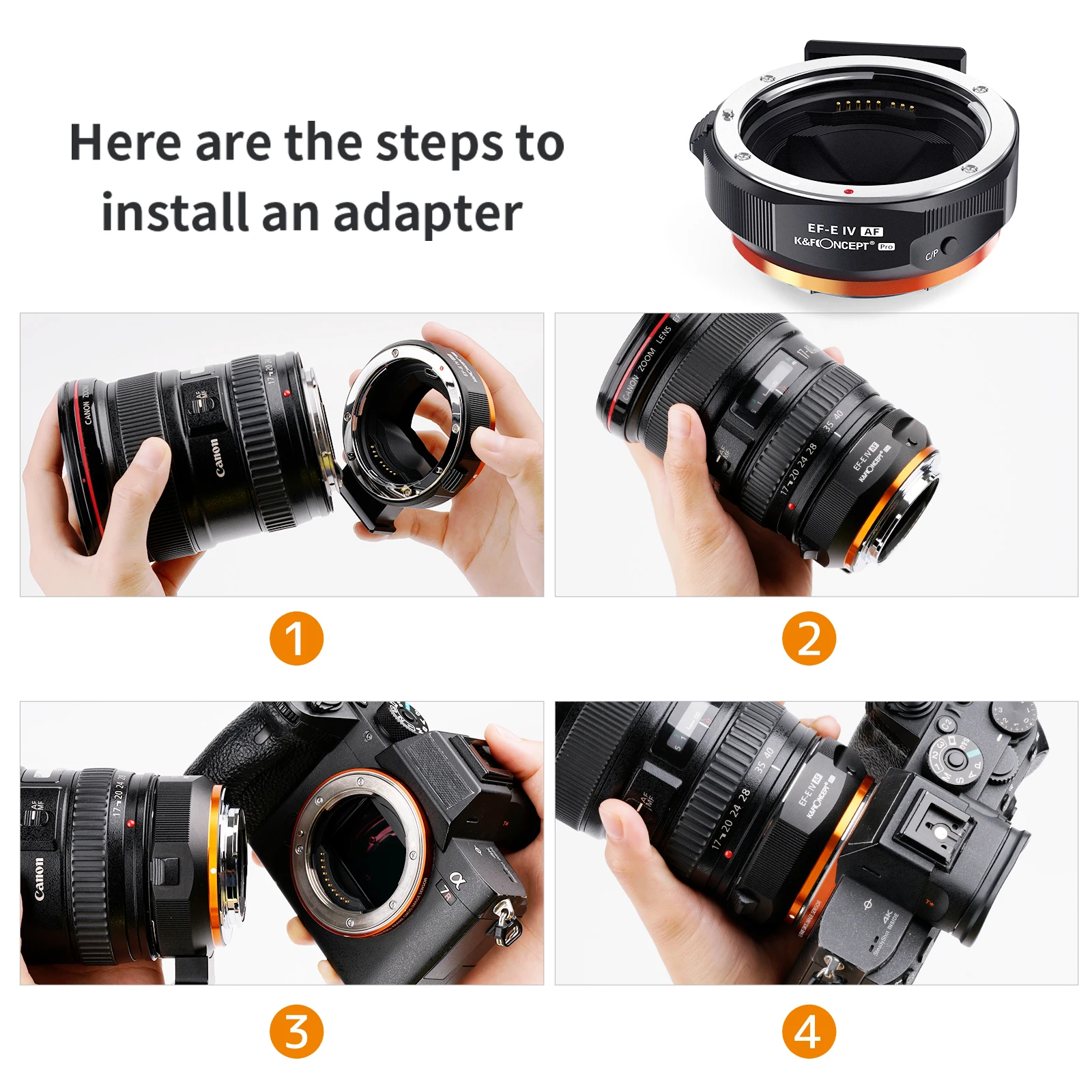 K&F Concept EE to E IV Auto Focus Lens Adapter for Canon EOS EF EFS to ​Sony a6400 a6700 A7C A7C2 A1 A9 A7R2 A73 A7R4 A7R5 A7R3