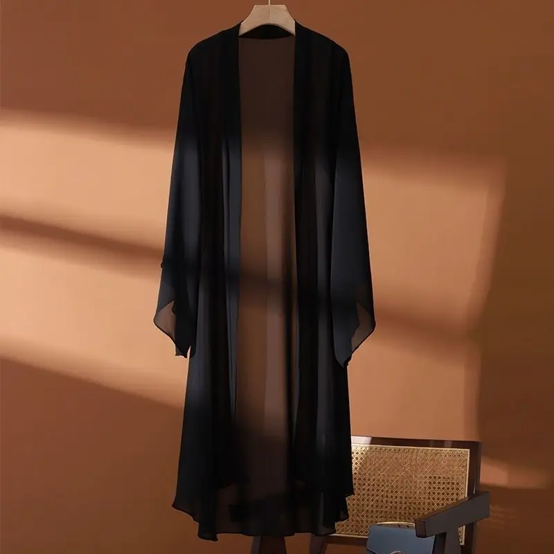 

Длинный тонкий летний женский кардиган с V-образным вырезом в корейском стиле, для защиты от солнца и кондиционирования воздуха, модный, антивозрастной.