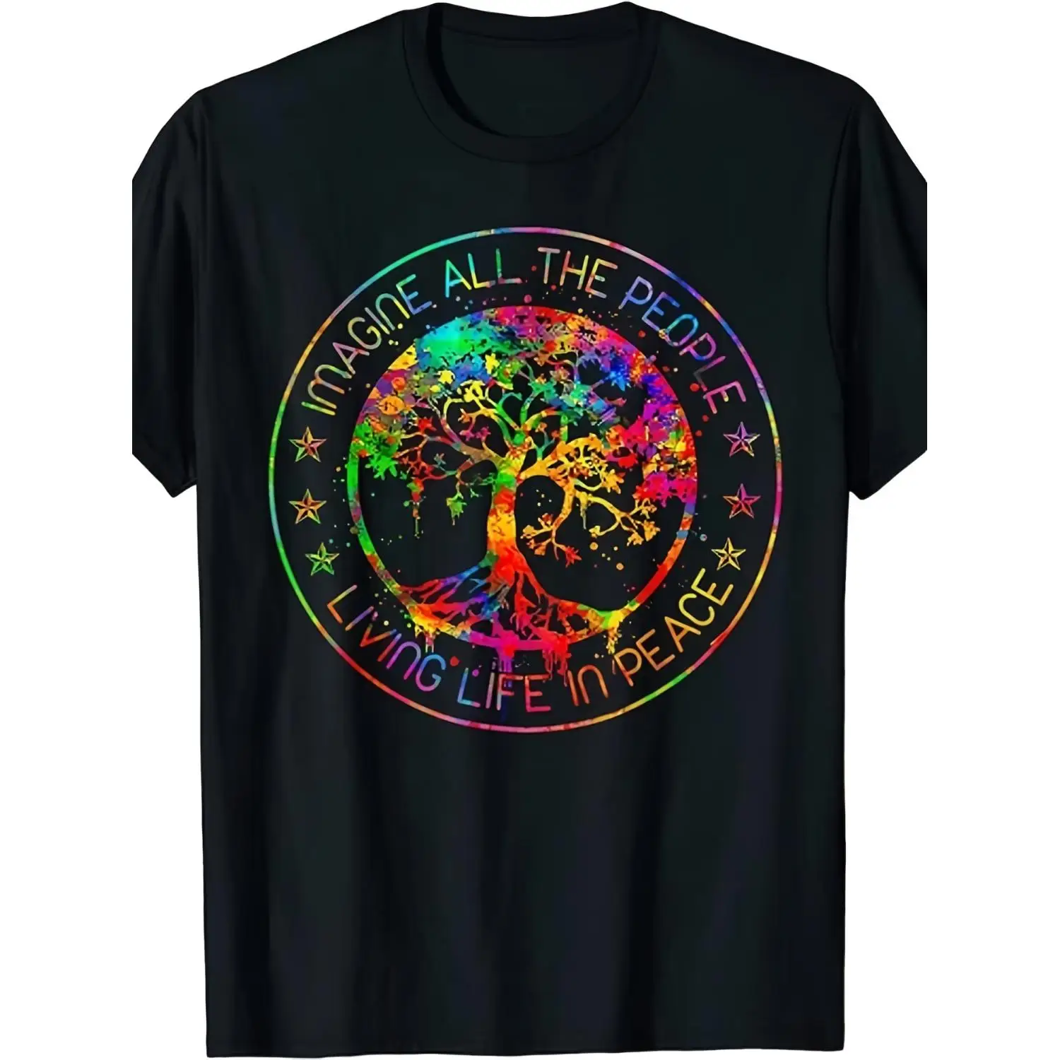 New Limited All The People Imagine Living Life in Peace Hippie Tie Dye Cotton T-shirt Unisex Summer Short Sleeve Printed T-shirt 2025 Pure Style
