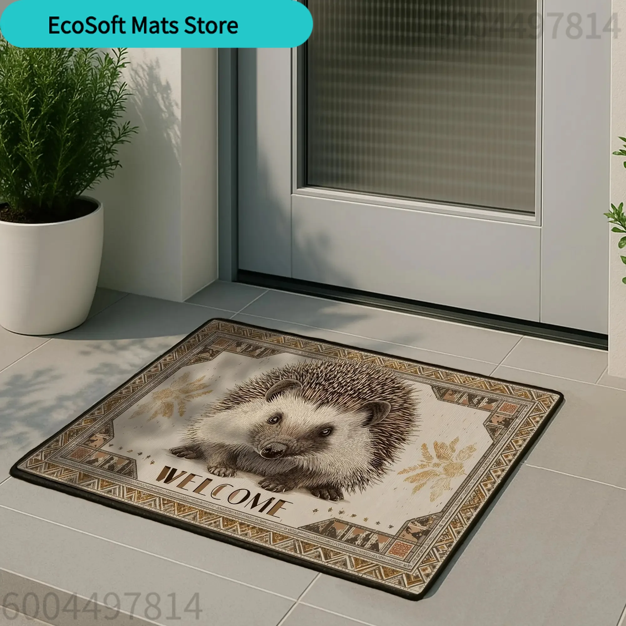 1pc Cute Hedgehog Welcome Floor Mat- Non-Slip PVC Backing, Machine Washable 100% Polyester Mat, Brown Beige Rectangular Indoor