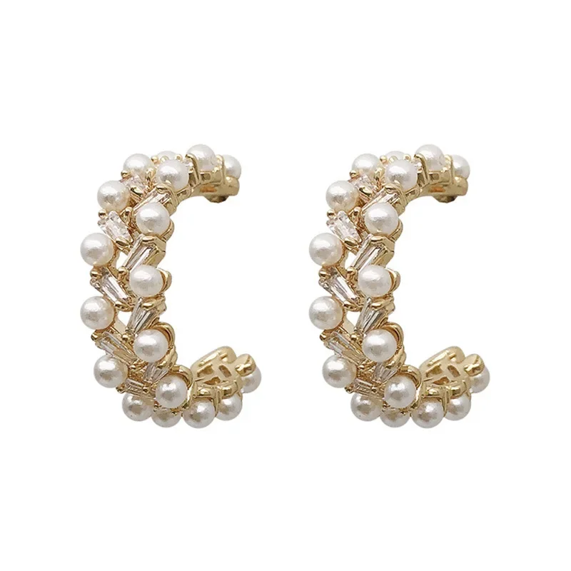 2026 New Korean Simulated Pearl Hoop Earrings Gold Color Metal C Shape Statement Earrings For Women Girl Wedding Party Jewelry