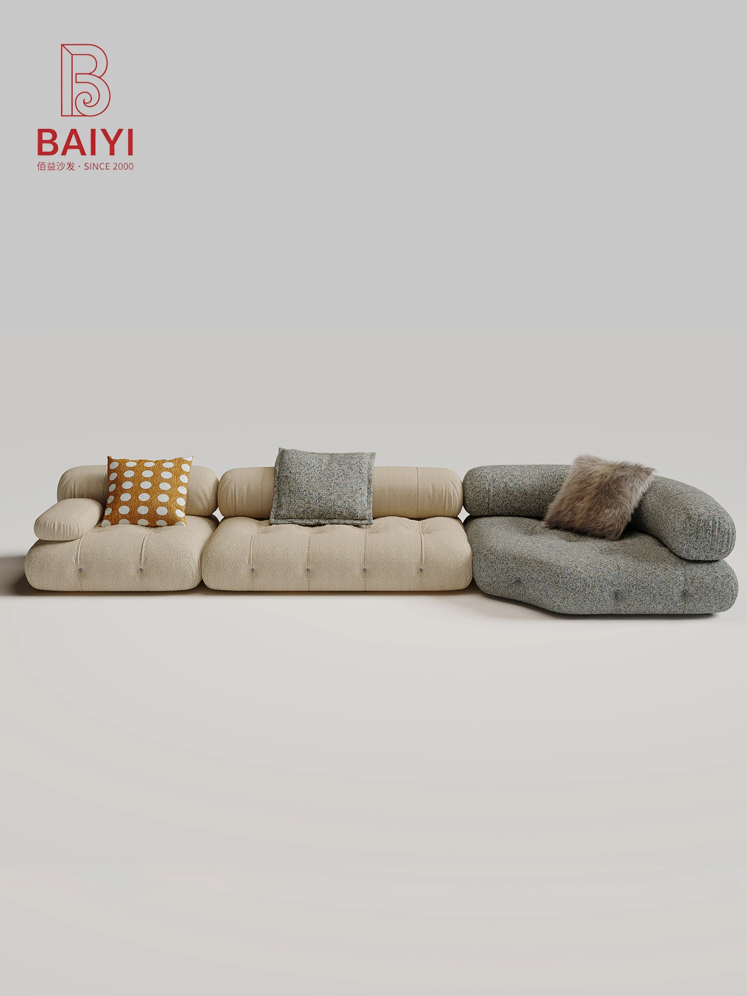 BAIYI Cream Boucle Modular Floor Sofa Tufted Seat Cylinder Bolster Armrest Curved Corner Module For Living Room Villa Home