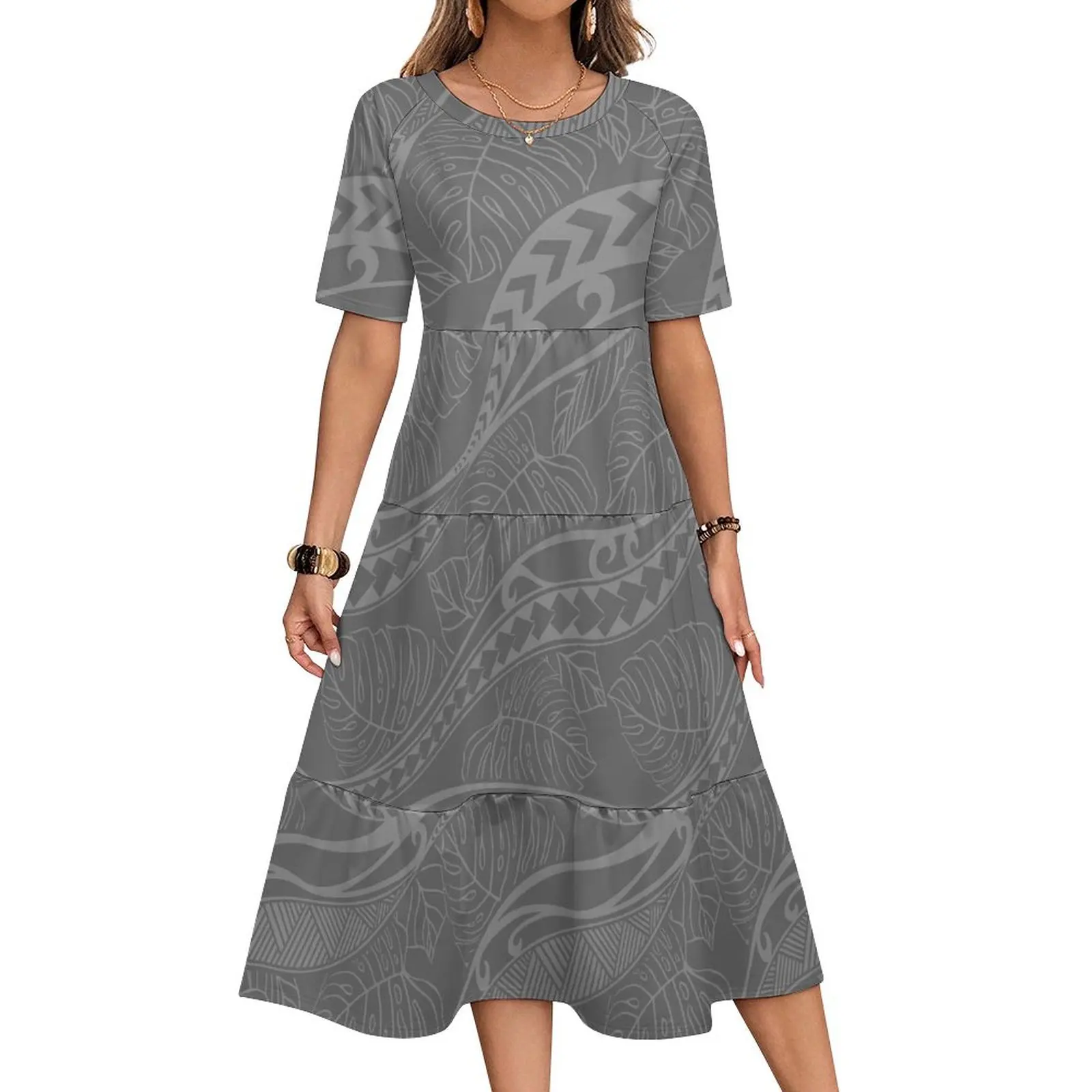 Novo atacado personalizado tonga design tribal polinésia multi em camadas vestido de manga curta maxi vestido casual plus size roupas femininas