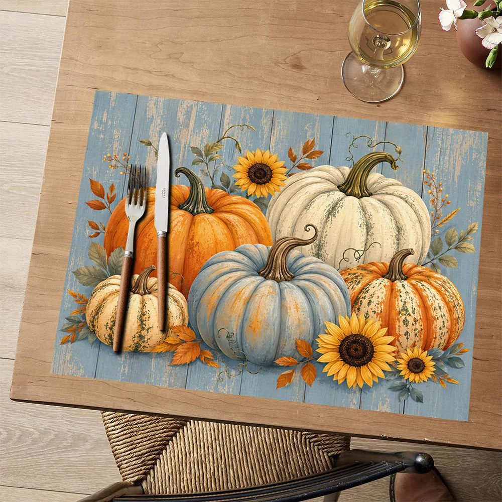 Pumpkins With Sunflowers And Leaves Pattern Placemats  Rectangular Polyester Suitable For Restaurant Decoration