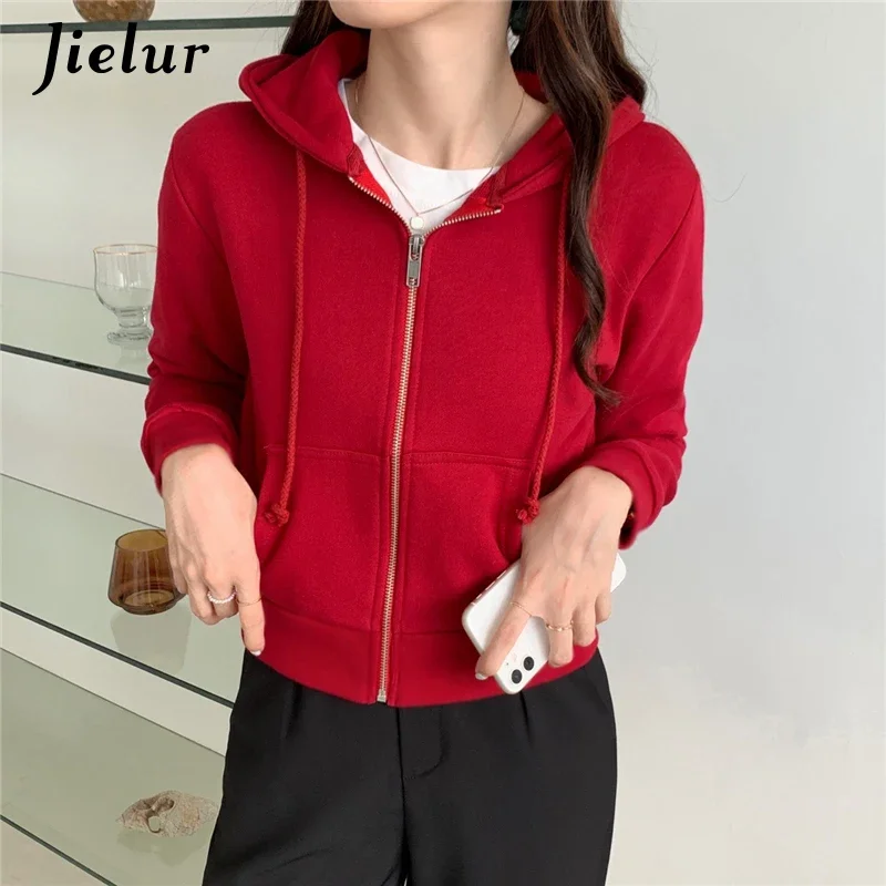 Jielur kurze Reiß verschluss Kapuze Sweatshirts Frauen All-Match lose süße reine Farbe Hoodies Mantel Kordel zug Tasche grau Sweatshirt M-XL