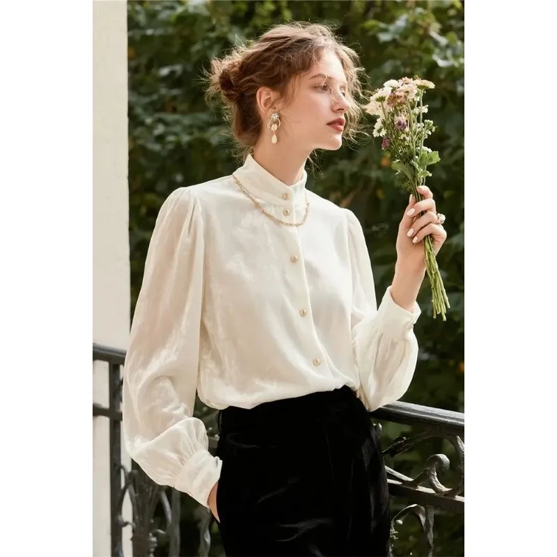 

Stand Collar Velvet Shirt for Women 2025 New Autumn Winter Long-sleeved Tops