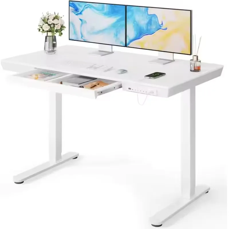 Electric Height Adjustable 55 X 24 Inches Stand Desk with Dual Drawers 4 Memory Preset 2 Storage Hooks Black for Home Office