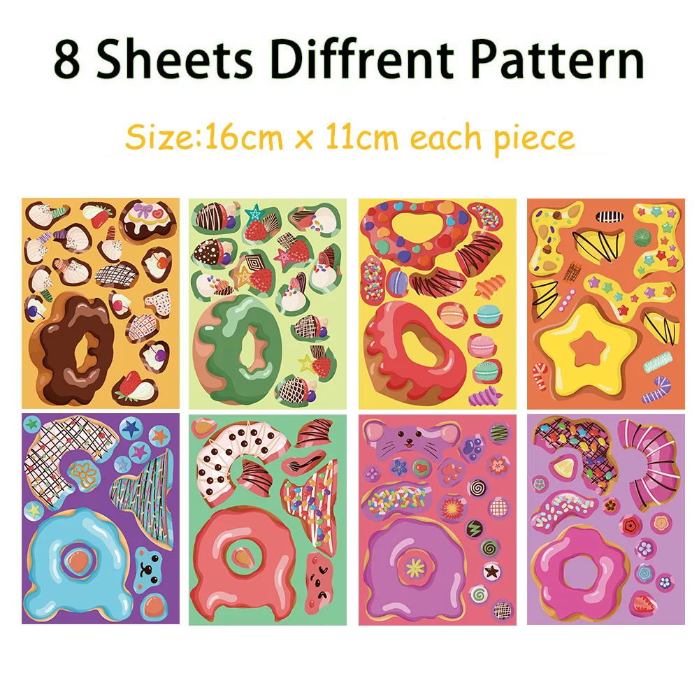 8/16Sheets Donut Stickers Colorful Animal Cake Food Cartoon Stickers Waterproof Sticker Decals for Cake Bread Baking Stick Label