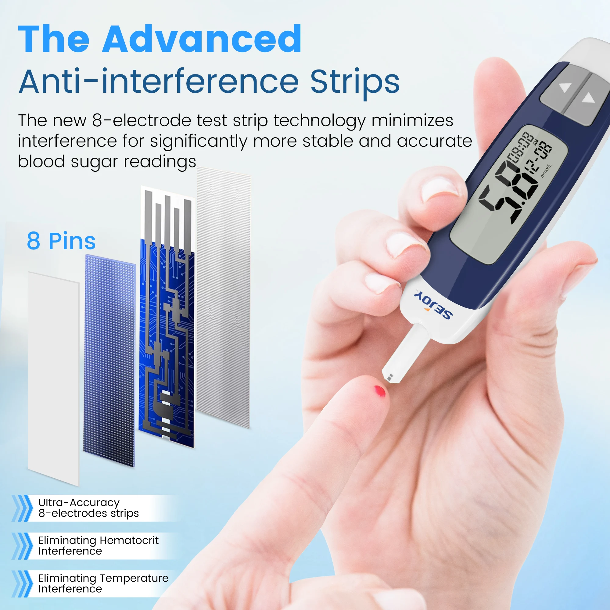 Sejoy BG-203 Blutzuckermessgerät-Set, 50 Stück Teststreifen, Lanzetten für Diabetes-Monitor, digitales Blutzuckermessgerät, Teststreifen werden separat verkauft – Detail 4