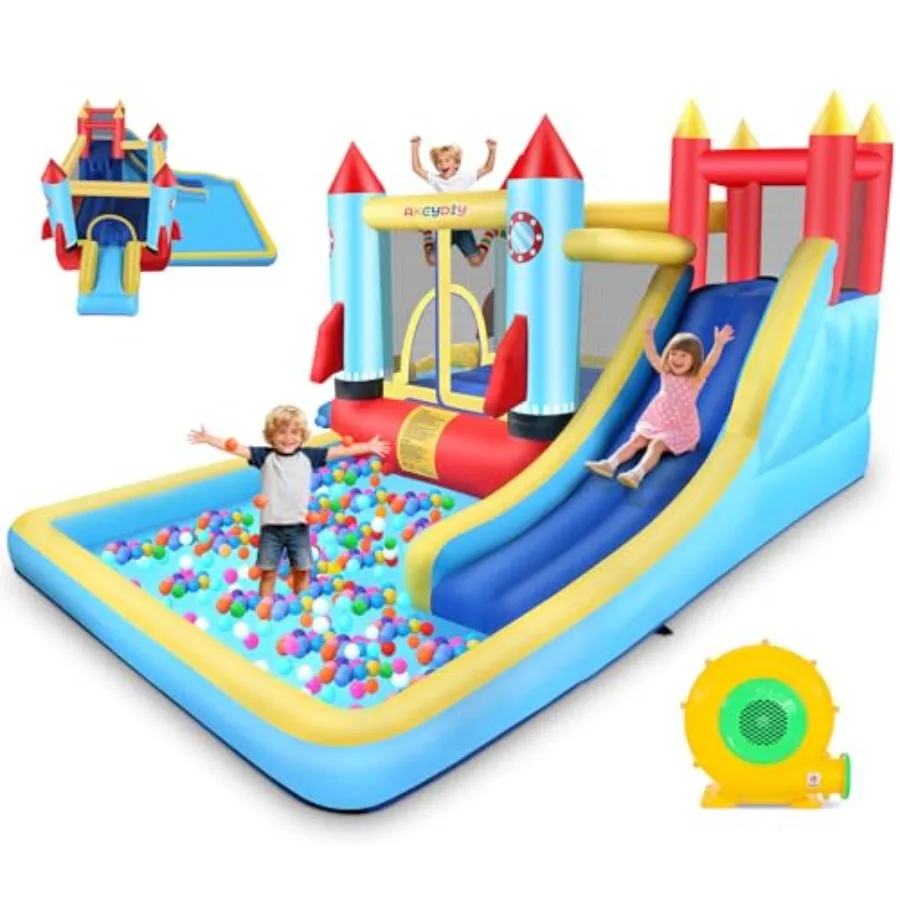 

Rocket Theme Inflatable Bounce House for 8-12 with Slide Climbing Wall Bouncer Area Pool Indoor Outdoor Backyard Use Includes B