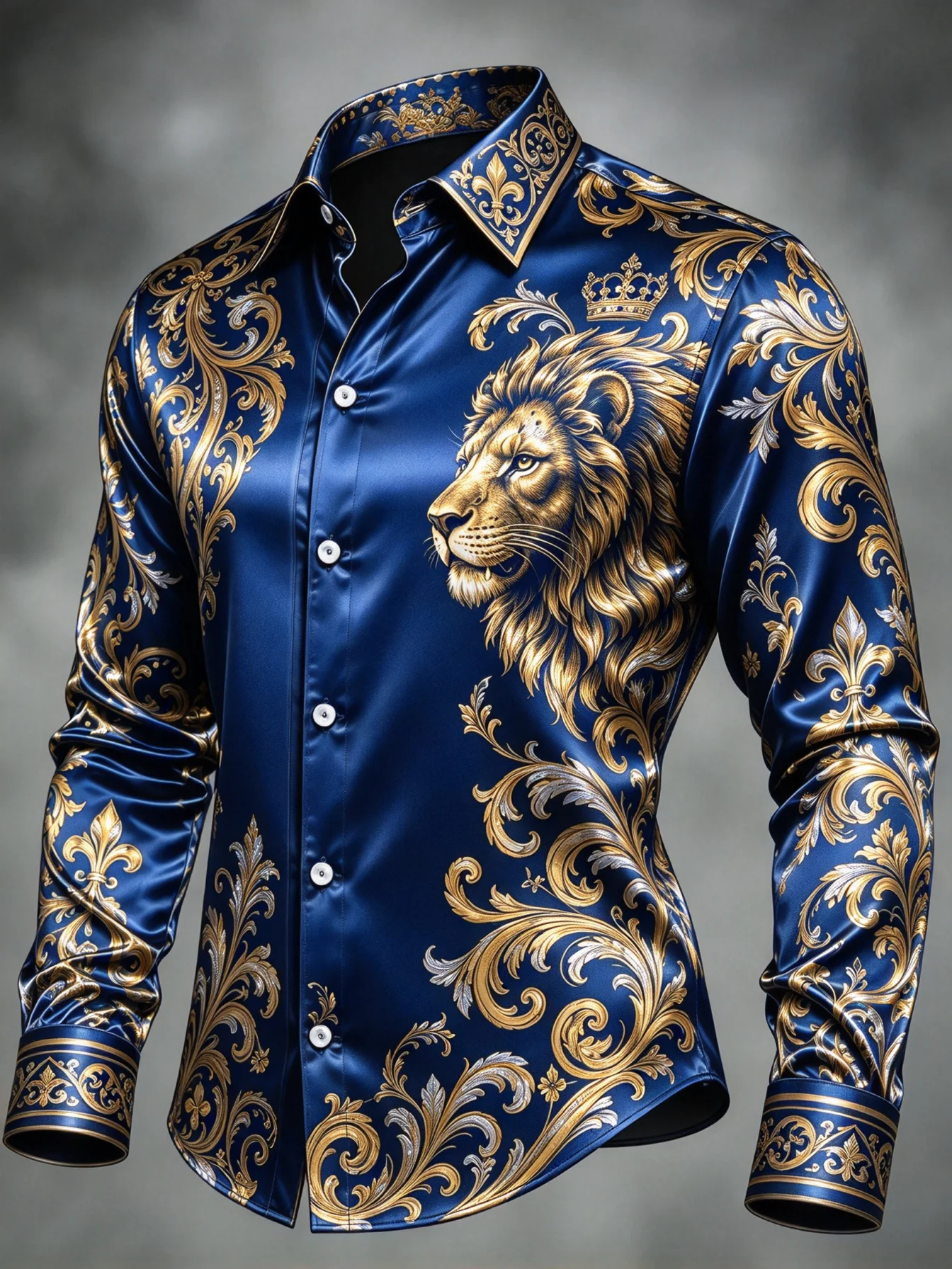 Men Luxury Satin Long Sleeve Shirt Blue Golden Lion Baroque Print Glossy Button Down Dress Shirt