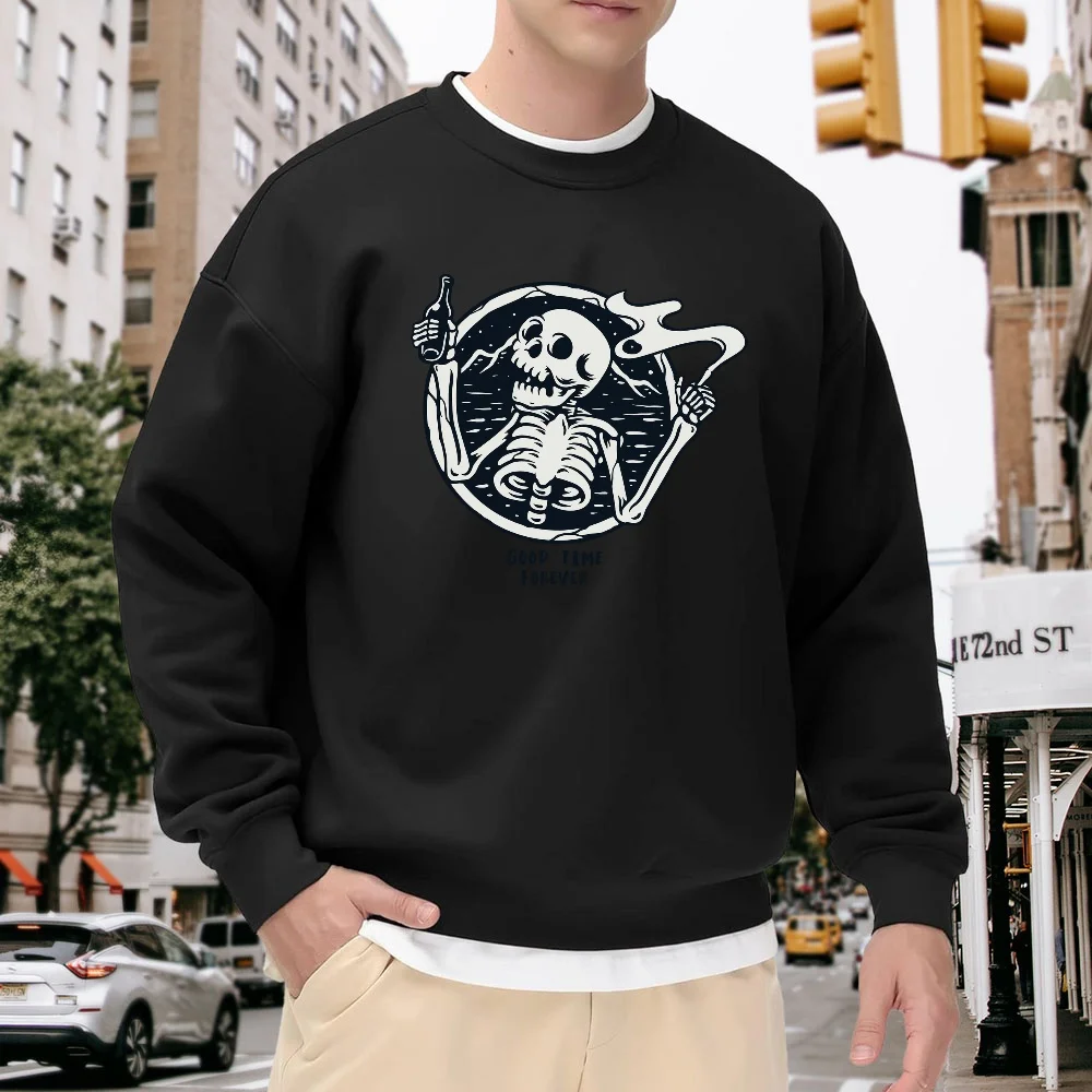 

Men's Black Crew Neck Loose Sweatshirt with Unique Skull Print, Casual Top, Street Fashion Versatile Style, Comfortable and Breathable for Everyday Wear