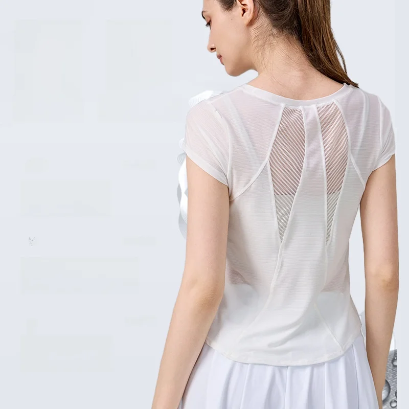 

Женская летняя блузка для йоги, быстросохнущий спортивный топ для фитнеса, футболка с короткими рукавами, красивая спина, свободный крой для бега