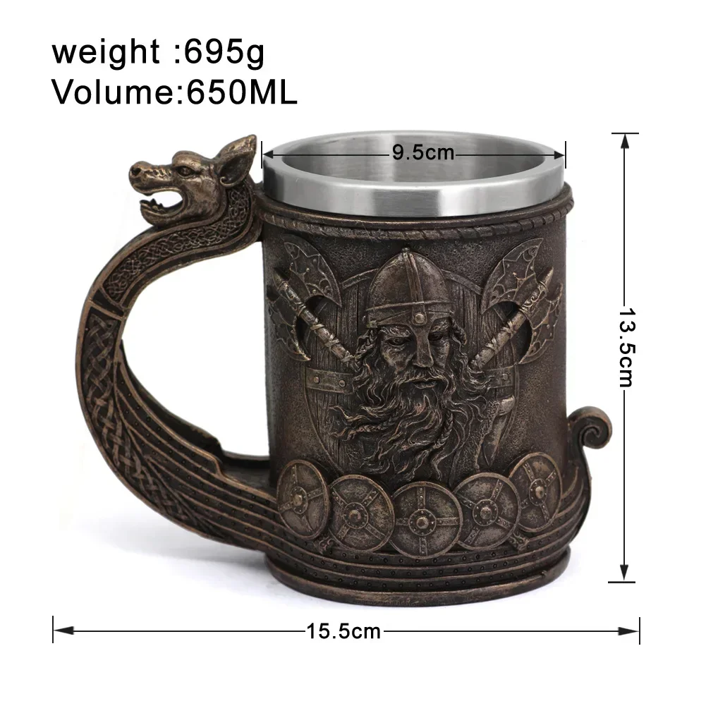 600ml Viking Wood Style Beer Mug Medieval Dragon Resin Stainless Steel Beer Mug Retro Tankard Skull Coffee Cup Tea Mug Beer Cup