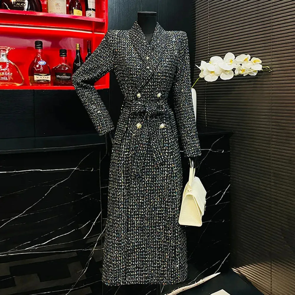 Fashion Long Black Jackets for Women 2025 New Autumn Winter Luxury Tweed Coat Trend Slim Ladies Vintage Temperament Outerwears