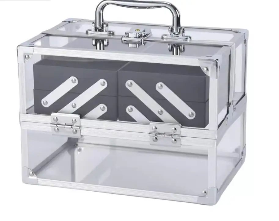 Women aluminum alloy acrylic makeup box Makeup Train Case Cosmetic Case 2 Layers Cosmetic Organizer Box Women Makeup Suitcase