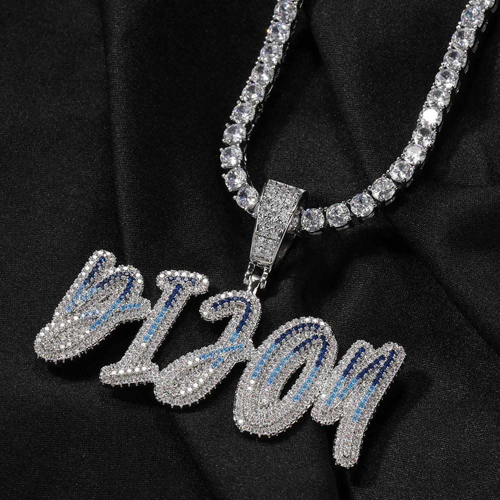 THE BLING KING Custom Gradient CZ Name Double-layer Cursive Letter Pendant Necklaces Iced Out Cubic Zirconia Hiphop Jewelry