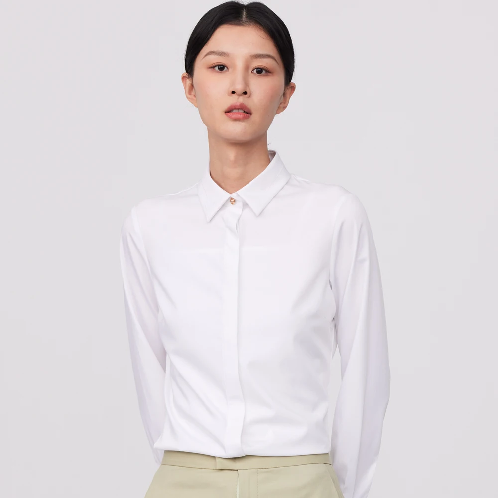 Women's Office Lady Long Sleeve White Dress Shirt Without Pocket Concealed Buttoned Placket Slim-fit Slight Strech Blouse Shirts