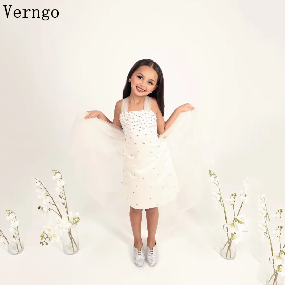 Verngo lvory Pincess Mini Girl Flowers Dress O Neck A Line Sequined Kid Bow Birthday Party Dresses Celebrity Gown Customized
