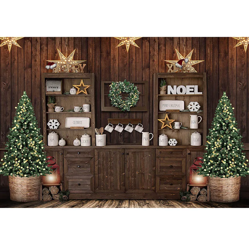 Merry Christmas Photography Backdrops Kitchen Wooden Cupboard White Brick Wall Child Family Cooking Photo Background Decoration