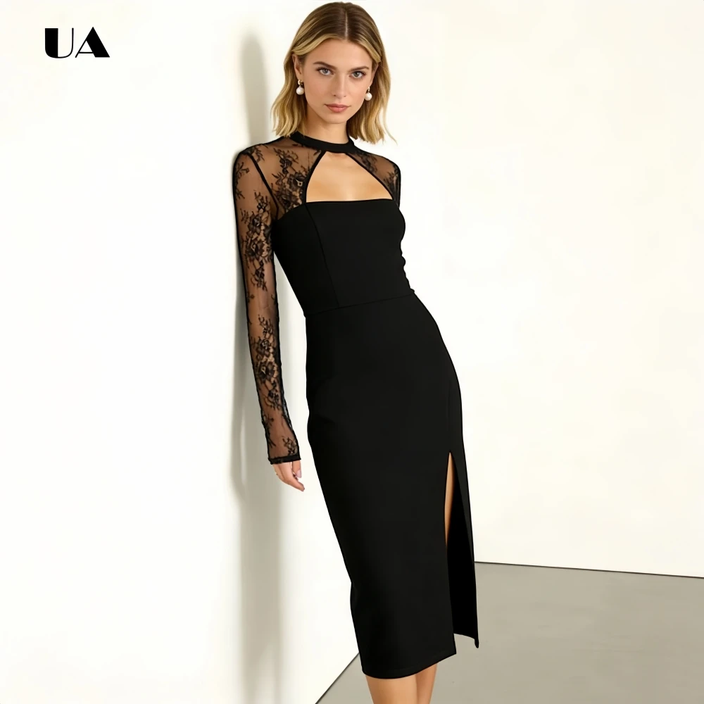 

ULBYANRY Elegant Sheer Lace O-neck Cutout Party Dress, Customized Long Sleeve Evening Dresses for Women, Sexy Slit Midi Dress