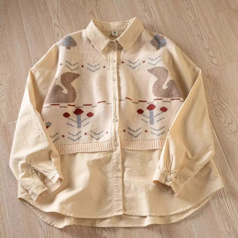 

2026 Mori Girl Style Cartoon Print Knit Patchwork Fake Two Pieces Shirt Cotton Brushed Blouses for Women Autumn Cute Clothes