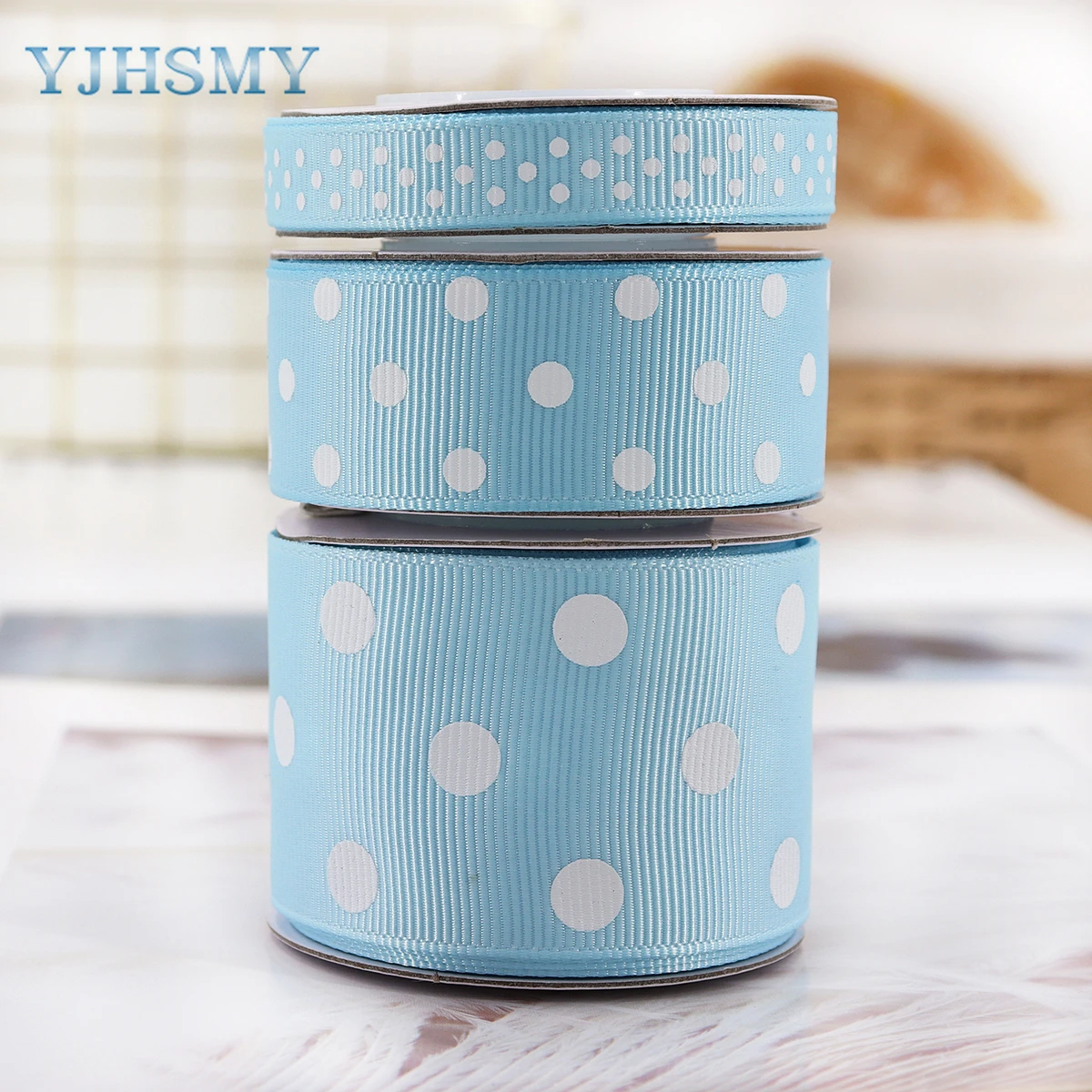 Blue Polka Dot Grosgrain Ribbon for Baby Boy Blue Ribbon for Diaper Cake Welcome Home Baby Shower Favors Gift Box Table Decor