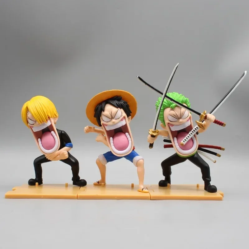 15cm One Piece Toys Monkey D Luffy Roronoa Zoro Sanji Funny Action Figure Hunger Trio stand Statue PVC Anime Model Desktop Gifts