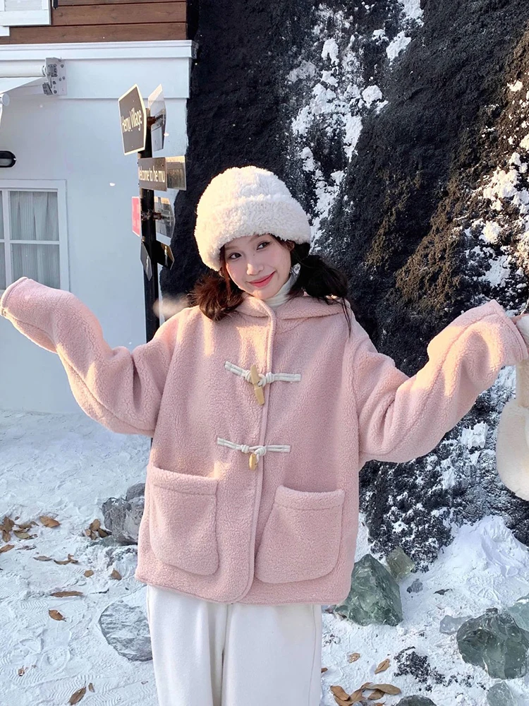 Winter Hooded Parkas Women Sweet Horn Buttons Pocket Plush Warm Casual Coats Loose Long Sleeve Faux Lamb Wool Female Outwear New