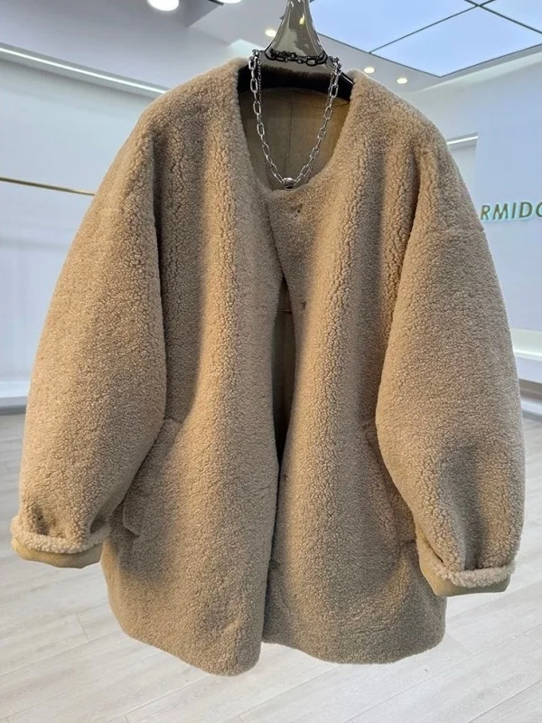 

Корейская зимняя кожаная куртка больших размеров с мехом, однотонная, премиум-класса, повседневное пальто в стиле Ins, с длинными рукавами