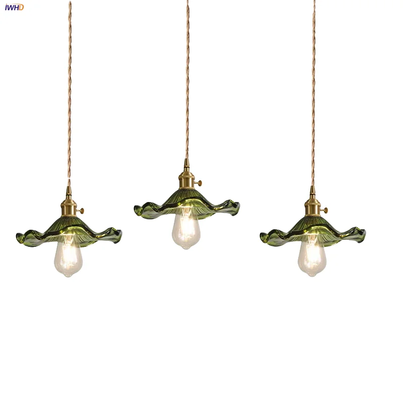 

IWHD Home Decor LED Pendant Lights Bar Kitchen Restaurant Modern Simple Wire Adjustable Green Flower Glass Hanging Lamp Hanglamp