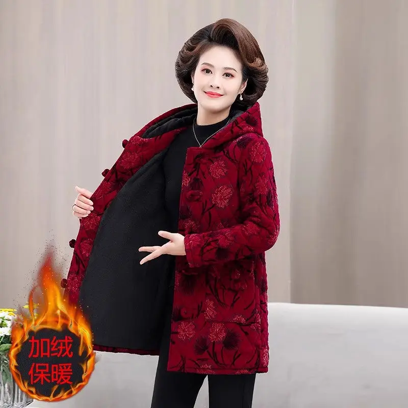 Mom's Winter Plush Thick Cotton Jacket Medium Length Middle-Aged And Elderly Women's Hooded Flower Coat Warm Outerwear Z4636