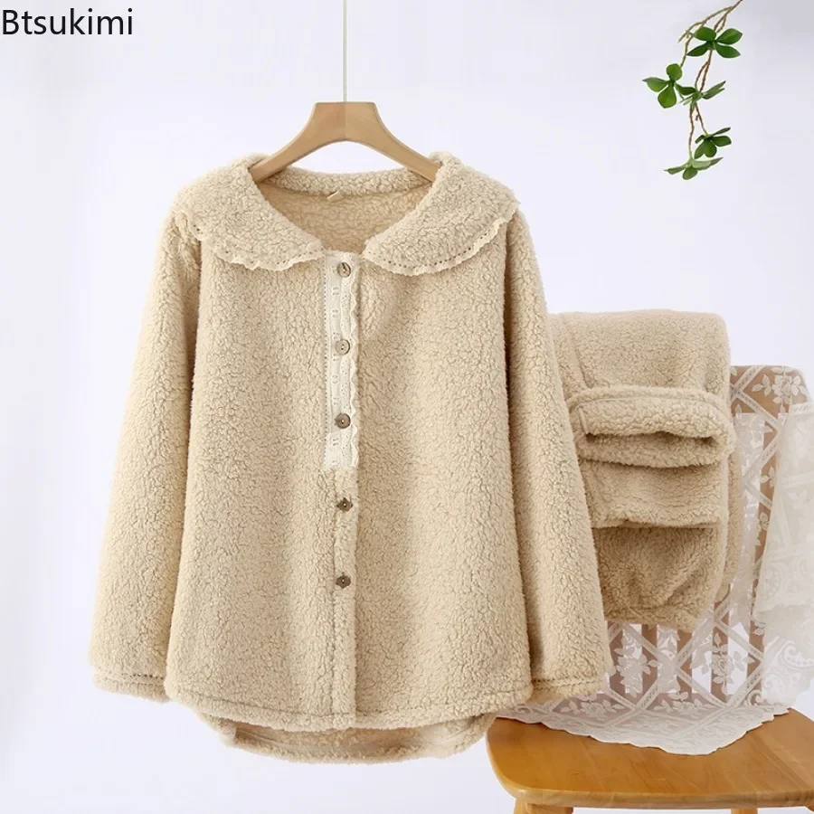 2024 Women's Thick Warm Flannel Pajama Sets for Autumn Winter Simple Leisure 2PCS Tops and Pants Sets Sleepwear Female Homewear