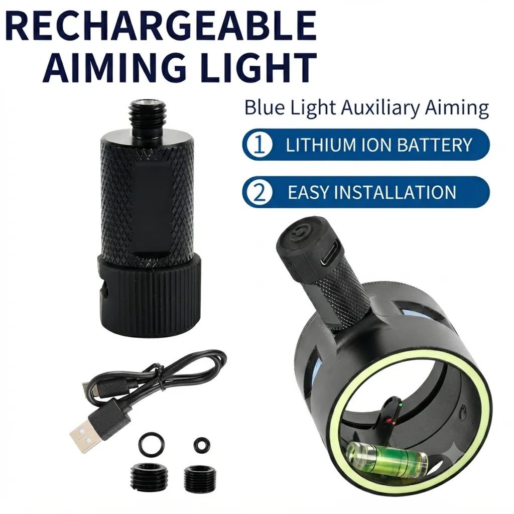 Blue LED Rechargeable Bow Sight with Type-C 3 Modes Aluminum Compatible 1/4-28 3/8-32 7/16-20 Adapters for Compound Bow Night Hu