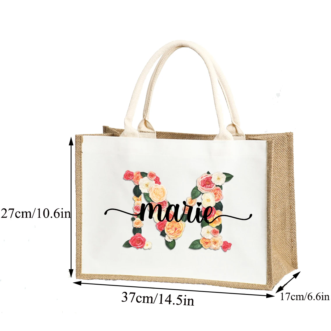 Floral Name Print Custom Jute Shopping Bag Beach Girls Trip Tote A-Z Alphabet Personalized Linen Shopper Gift Big Capacity