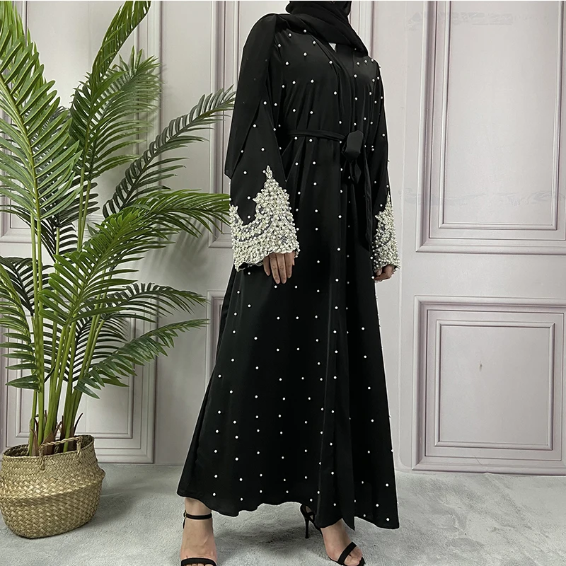 Black Abaya Muslim Kimono Open Pearls Dress Dubai Turkey Islam Arabic Abayas For Women Kebaya Robe Femme Musulmane Kaftans