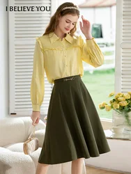 I BELIEVE YOU Elastic High Waist Skirts 2022 Autumn Office Lady Solid Aline Mid-calf Skirt New Elegant Women Clothing 2224024604