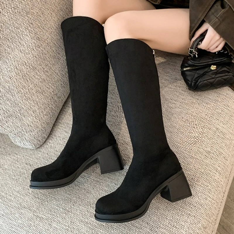 

2025 New Women Boots Suede High Heels Shoes Party New Winter 2025 Fashion Knee High Chelsea Knight's Boots Dress Heeled Shoes