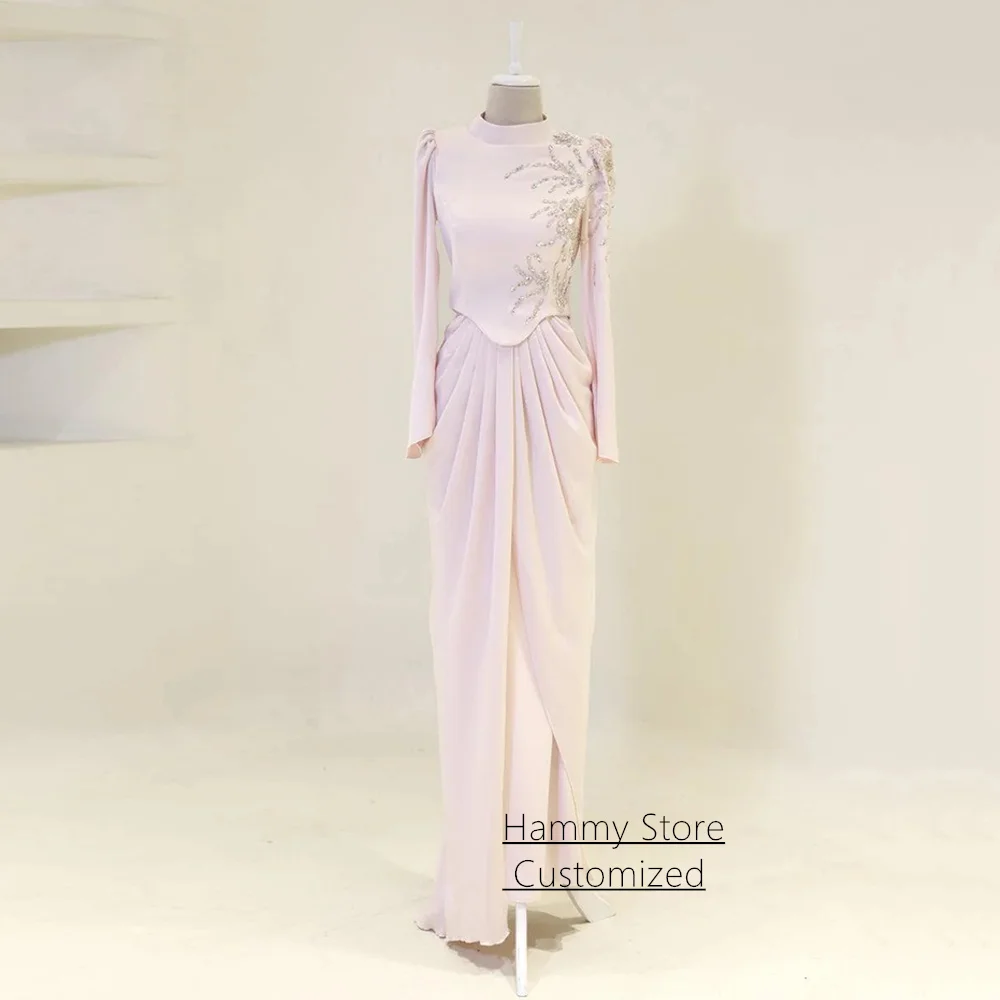 

Two Pieces Evening Dress Customized High Neck Long Sleeves Beading Sequined Chiffon Skirt Arabian Prom Gown Party Dresses