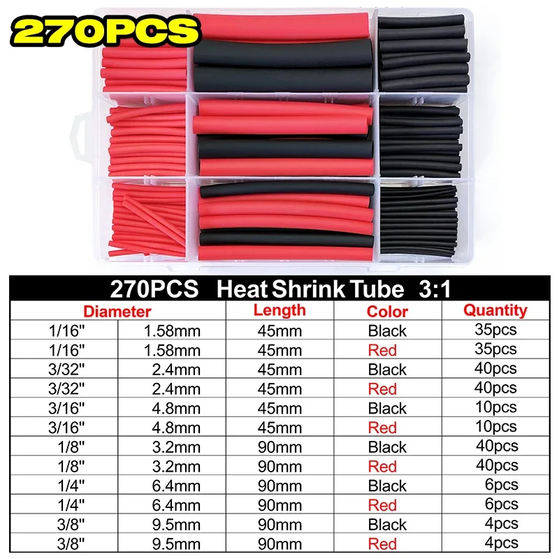 3:1 Shrink Ratio Polyolefin Insulated Heat Shrink Tube 270Pcs Black Red Wear Wrap Cable Joint Sealing Repair Protective Cover