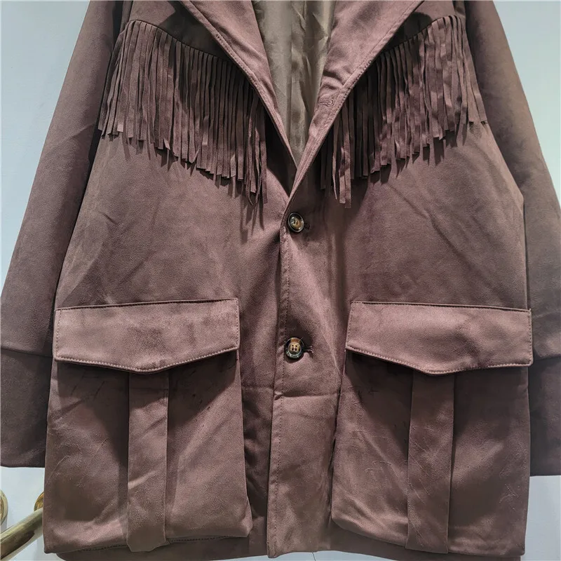 HKSH 春秋の新女性ジャケットシングルブレストポケットタッセルフェイクスエードベルベットブレザーストリートカジュアル潮コート HK12176