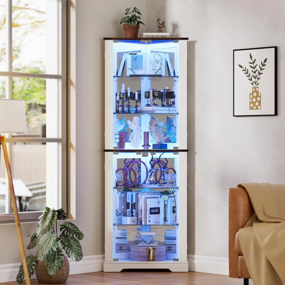 

71'' Farmhouse Display Curio Cabinet with LED Lights,Tempered Glass Doors,6 Shelves,Corner Wine Cabinet Storage Rack