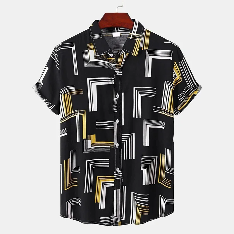 

Colorful Pattern Hawaiian Shirt Men's Stripe Splicing 3D Printed Aloha Shirts Summer Casual Women Lapel Tops Short Sleeve Blouse