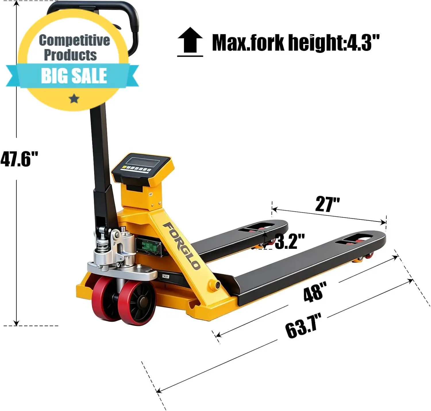 

Substantial Pallet Jack Scale 6600 Lbs Capacity 48 X 27 Forks Lb Kg Switchable LCD Display Manual Hydraulic Pallet Truck W Elect